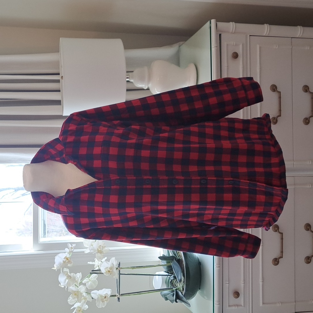 L.L.Bean Mens Checkered Flannel Sherpa Lined Shirt Red/Blue Button Down Size M‎